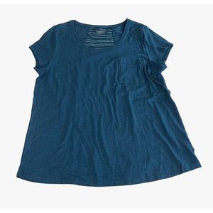 Toad & Co. Womens Sz Large Primo Short Sleeve Crew Tee Shirt Blue w/Back Stripes